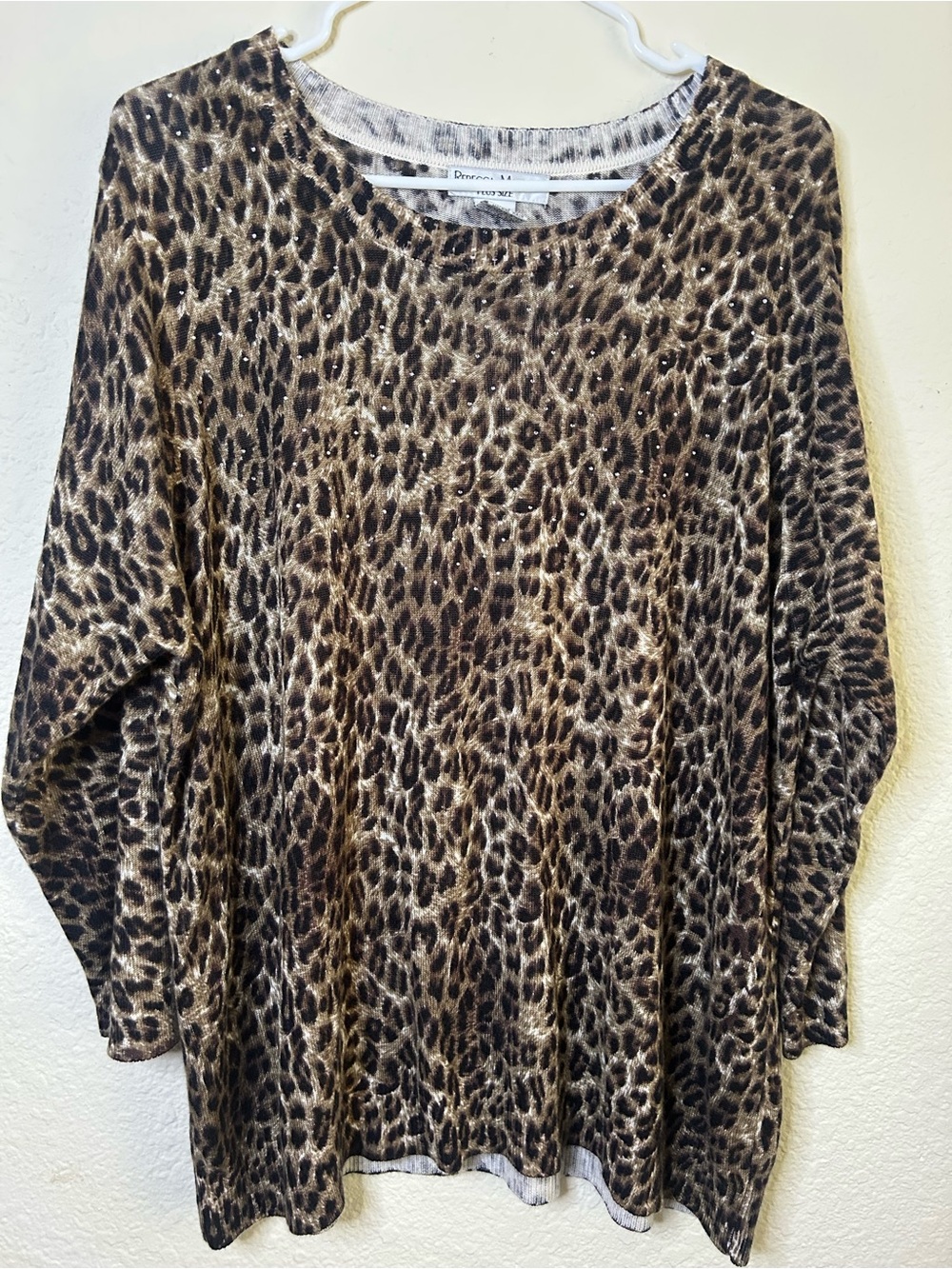 Rebecca Malone Plus Size Brown Leopard Print Long Sleeve Top‎ 2X  Rhinestone